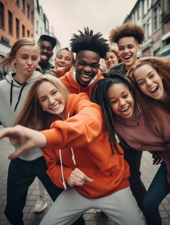 A group of young people are dancing and jumping on a street. Scene is energetic and funの素材