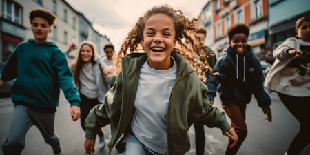 A group of young people are dancing and jumping on a street. Scene is energetic and funの素材