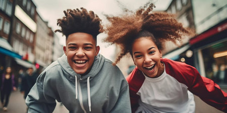 A group of young people are dancing and jumping on a street. Scene is energetic and funの素材