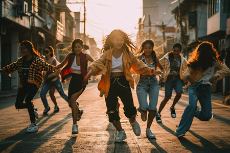 A group of young people are dancing and jumping on a street. Scene is energetic and funの素材