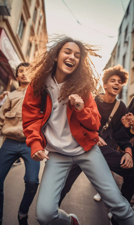 A group of young people are dancing and jumping on a street. Scene is energetic and funの素材