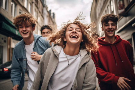 A group of young people are dancing and jumping on a street. Scene is energetic and funの素材