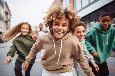 A group of young people are dancing and jumping on a street. Scene is energetic and funの素材
