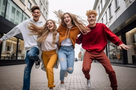 A group of young people are dancing and jumping on a street. Scene is energetic and funの素材
