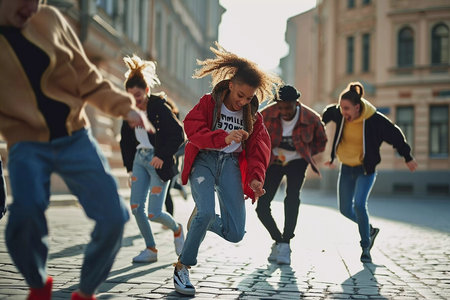 A group of young people are dancing and jumping on a street. Scene is energetic and funの素材