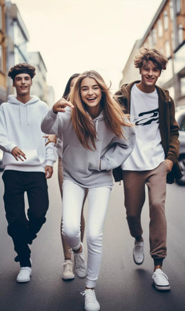 A group of young people are dancing and jumping on a street. Scene is energetic and funの素材