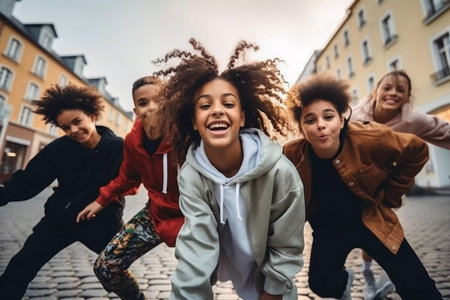 A group of young people are dancing and jumping on a street. Scene is energetic and funの素材