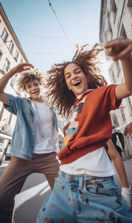 A group of young people are dancing and jumping on a street. Scene is energetic and funの素材