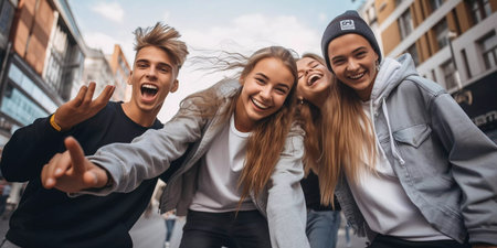 A group of young people are dancing and jumping on a street. Scene is energetic and funの素材