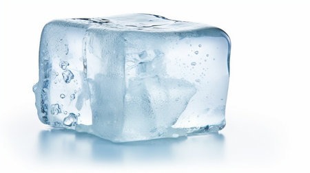 A cube of ice is sitting on a white background. The ice is clear and has a frosty appearanceの素材