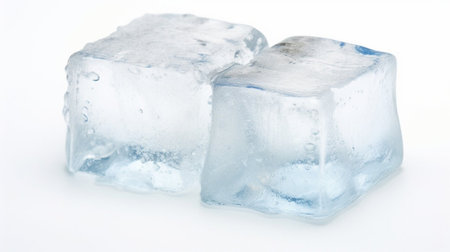 A cube of ice is sitting on a white background. The ice is clear and has a frosty appearanceの素材