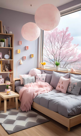 A living room with a pink couch, a potted plant, and a tree hanging from the ceilingの素材