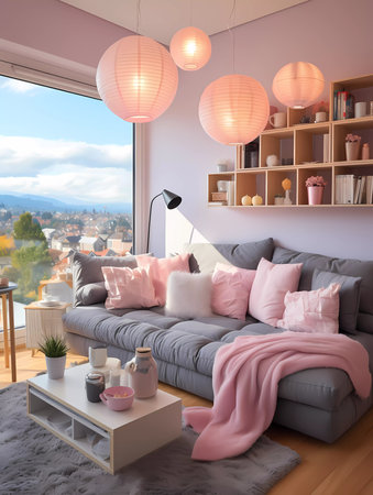 A living room with a pink couch, a potted plant, and a tree hanging from the ceilingの素材