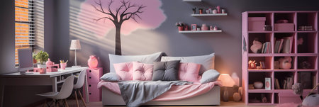 A living room with a pink couch, a potted plant, and a tree hanging from the ceilingの素材