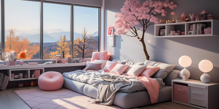 A living room with a pink couch, a potted plant, and a tree hanging from the ceilingの素材