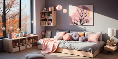 A living room with a pink couch, a potted plant, and a tree hanging from the ceilingの素材