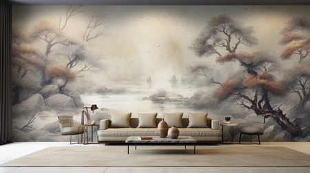 A large wall mural of a mountain landscape with a couch and a coffee table in the foregroundの素材