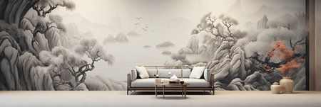 A large wall mural of a mountain landscape with a couch and a coffee table in the foregroundの素材