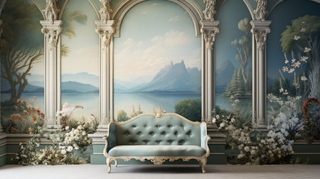 A large wall mural of a mountain landscape with a couch and a coffee table in the foregroundの素材