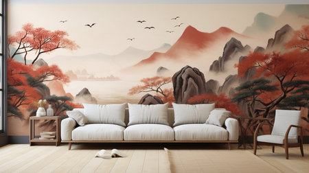 A large wall mural of a mountain landscape with a couch and a coffee table in the foregroundの素材