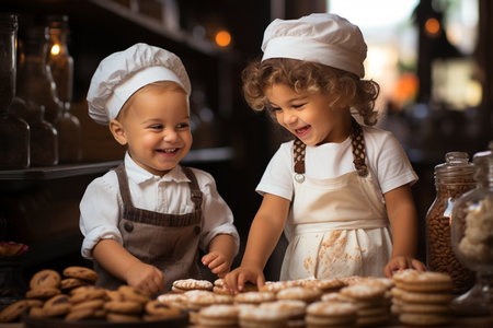 Young children are wearing chef hats and aprons, smiling and posing for a picture. They are standing in front of a table with various desserts, including cakes and pastriesの素材