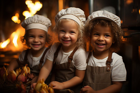 Young children are wearing chef hats and aprons, smiling and posing for a picture. They are standing in front of a table with various desserts, including cakes and pastriesの素材