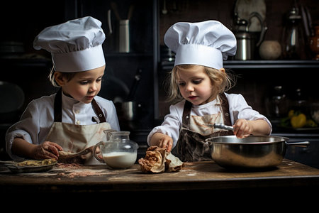 Young children are wearing chef hats and aprons, smiling and posing for a picture. They are standing in front of a table with various desserts, including cakes and pastriesの素材