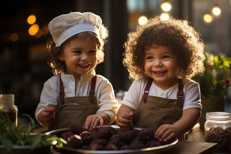 Young children are wearing chef hats and aprons, smiling and posing for a picture. They are standing in front of a table with various desserts, including cakes and pastriesの素材