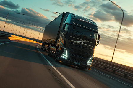 A large semi truck is driving down a road with a beautiful sunset in the background. The sky is filled with clouds, creating a moody atmosphere. The truck is the main focus of the imageの素材