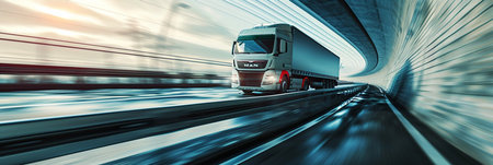 A large semi truck is driving down a road with a beautiful sunset in the background. The sky is filled with clouds, creating a moody atmosphere. The truck is the main focus of the imageの素材