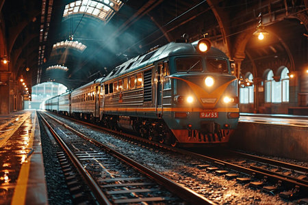 A train is moving down the tracks with the lights on. The train is yellow and blueの素材