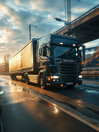 A large semi truck is driving down a road with a beautiful sunset in the background. The sky is filled with clouds, creating a moody atmosphere. The truck is the main focus of the imageの素材