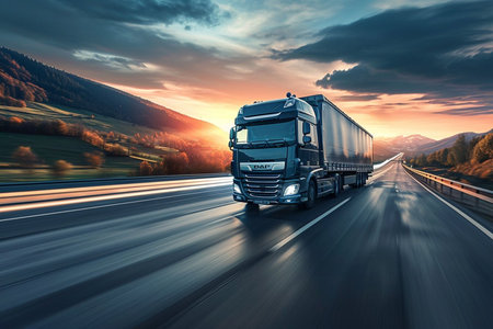 A large semi truck is driving down a road with a beautiful sunset in the background. The sky is filled with clouds, creating a moody atmosphere. The truck is the main focus of the imageの素材