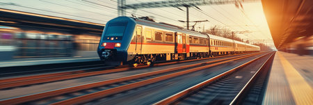 A train is moving down the tracks with the lights on. The train is yellow and blueの素材