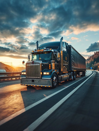 A large semi truck is driving down a road with a beautiful sunset in the background. The sky is filled with clouds, creating a moody atmosphere. The truck is the main focus of the imageの素材