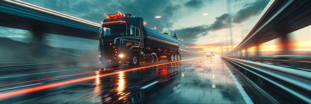 A large semi truck is driving down a road with a beautiful sunset in the background. The sky is filled with clouds, creating a moody atmosphere. The truck is the main focus of the imageの素材