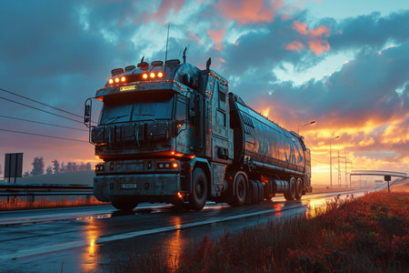 A large semi truck is driving down a road with a beautiful sunset in the background. The sky is filled with clouds, creating a moody atmosphere. The truck is the main focus of the imageの素材