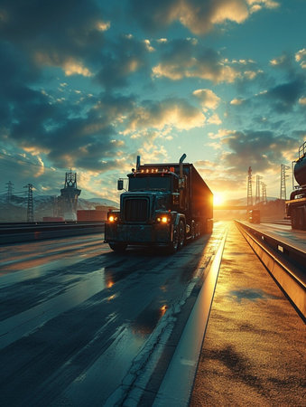 A large semi truck is driving down a road with a beautiful sunset in the background. The sky is filled with clouds, creating a moody atmosphere. The truck is the main focus of the imageの素材
