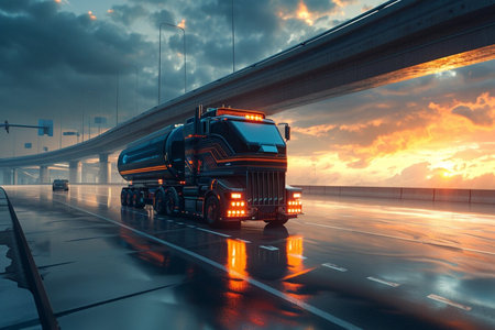 A large semi truck is driving down a road with a beautiful sunset in the background. The sky is filled with clouds, creating a moody atmosphere. The truck is the main focus of the imageの素材