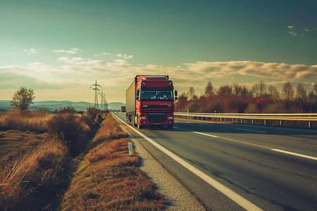 Photo for A large semi truck is driving down a road with a beautiful sunset in the background. The sky is filled with clouds, creating a moody atmosphere. The truck is the main focus of the image - Royalty Free Image