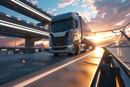 A large semi truck is driving down a road with a beautiful sunset in the background. The sky is filled with clouds, creating a moody atmosphere. The truck is the main focus of the imageの素材