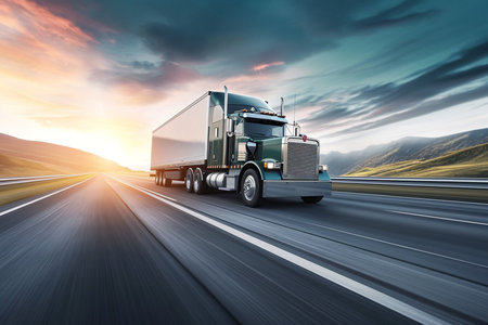 A large semi truck is driving down a road with a beautiful sunset in the background. The sky is filled with clouds, creating a moody atmosphere. The truck is the main focus of the imageの素材