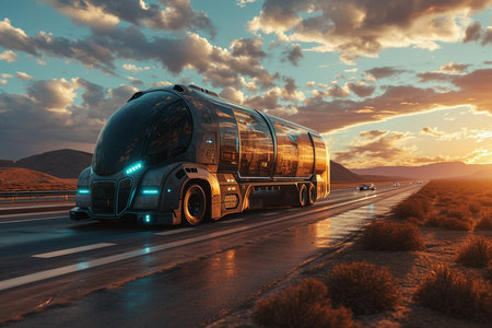 A large semi truck is driving down a road with a beautiful sunset in the background. The sky is filled with clouds, creating a moody atmosphere. The truck is the main focus of the imageの素材