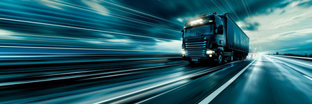 A large semi truck is driving down a road with a beautiful sunset in the background. The sky is filled with clouds, creating a moody atmosphere. The truck is the main focus of the imageの素材