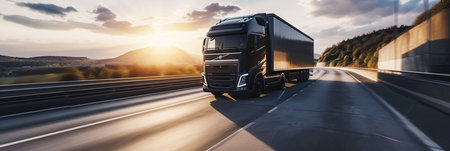 A large semi truck is driving down a road with a beautiful sunset in the background. The sky is filled with clouds, creating a moody atmosphere. The truck is the main focus of the imageの素材