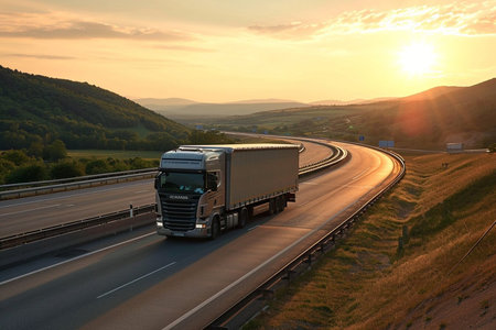 A large semi truck is driving down a road with a beautiful sunset in the background. The sky is filled with clouds, creating a moody atmosphere. The truck is the main focus of the imageの素材