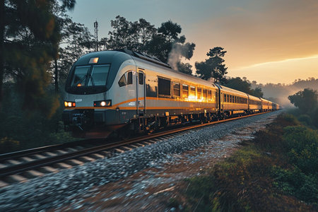 A train is moving down the tracks with the lights on. The train is yellow and blueの素材