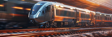 A train is moving down the tracks with the lights on. The train is yellow and blueの素材