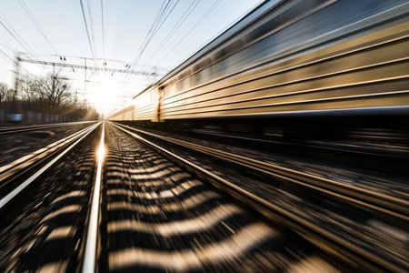 A train is moving down the tracks with the lights on. The train is yellow and blueの素材