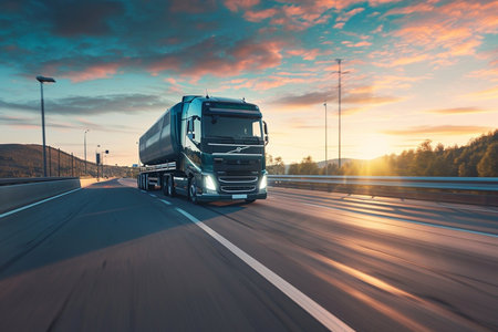 A large semi truck is driving down a road with a beautiful sunset in the background. The sky is filled with clouds, creating a moody atmosphere. The truck is the main focus of the imageの素材